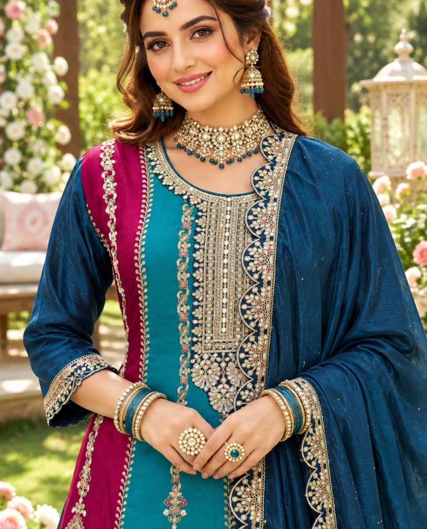 2204 - Multi Colour Chinon Embroidered, Sequins and Zari Work Ceremonial Salwar Suit
